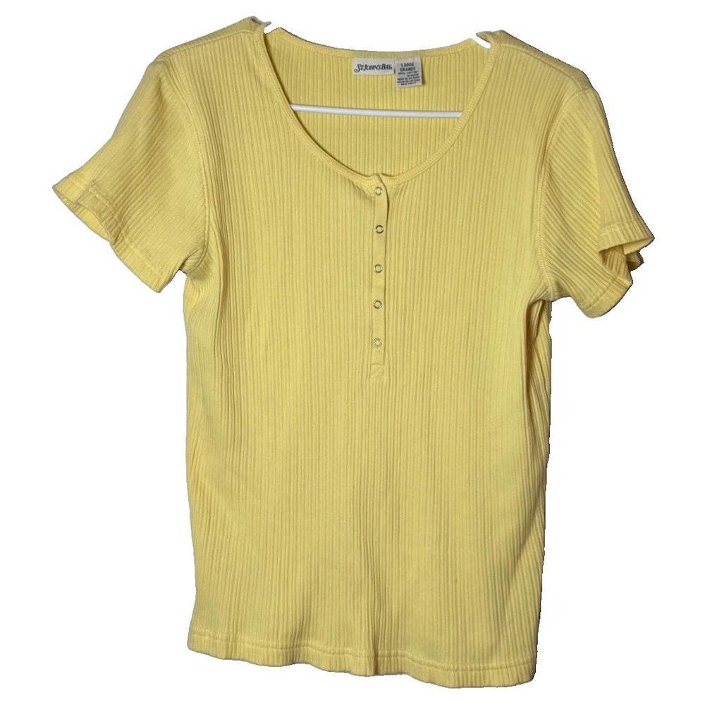 Vintage St Johns Bay Womens Large Yellow Ribbed Henley Cotton Top Short Sleeve